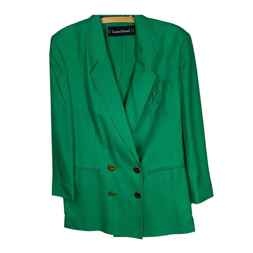 Louis Feraud Green Blazer Size 12 Double Breasted Longline Vintage 80s